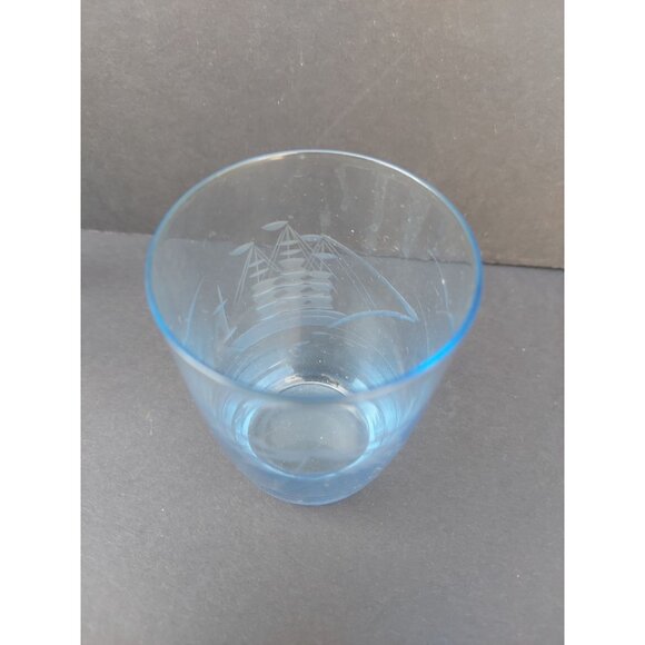6 Elegant Etch Clipper Ship Blue Juice Glasses - Picture 5 of 6